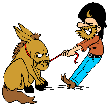 miner pulling donkey