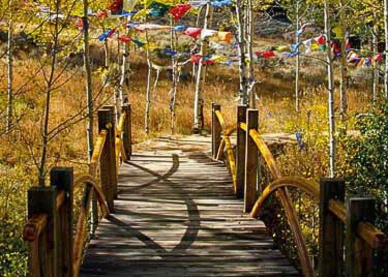 A wooden footbridge with curved rails crossing a path through autumn aspens and pines, under rows of faded prayer flags