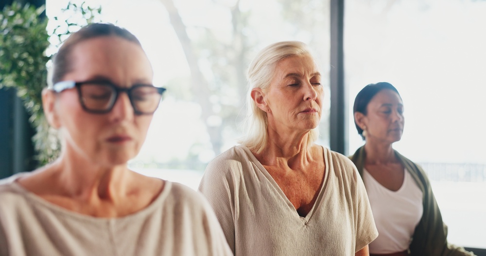 Exercise,,Meditation,And,Yoga,With,Senior,Women,In,Studio,For